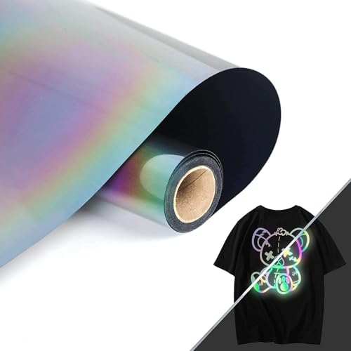 Image of HTVVETUR Reflective Rainbow HTV Heat Transfer Vinyl Roll 12 Inch by 10 Feet Iron on DIY for T-Shirt PU Stretch Elastic HTV Vinyl (Reflective Rainbow, 10FT)