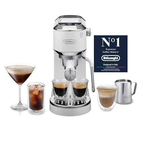 DeLonghi Dedica Duo Barista Coffee Machine with Pump Espresso and Cold Brew Manual Coffee Machine with LatteArt Steam Rod 15 cm Wide 2 Espresso Touch Screen Cup up to 13 cm EC890.WI White