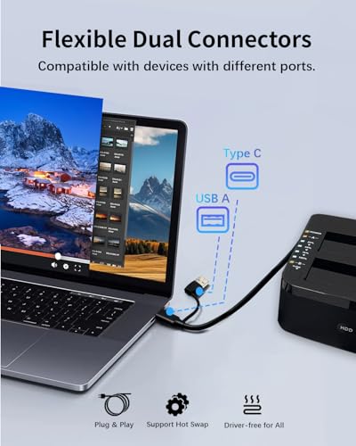 Dual-Bay RGB Hard Drive Docking Station with Offline Clone Function, 2x20TB USB 3.0 SATA HDD/SSD Duplicator Dock, UASP & Trim Support, Plug & Play for 2.5/3.5 Inch HDD/SSD, Includes USB-A to C Cable