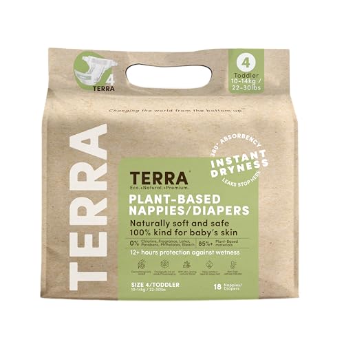 Image of Terra Diapers Size 4: 85% Plant-Based Diapers, Ultra-Soft & Chemical-Free for Sensitive Skin, Superior Absorbency for Day or Nighttime Diapers, Designed for Toddlers 22-30 Pounds, 18 Count