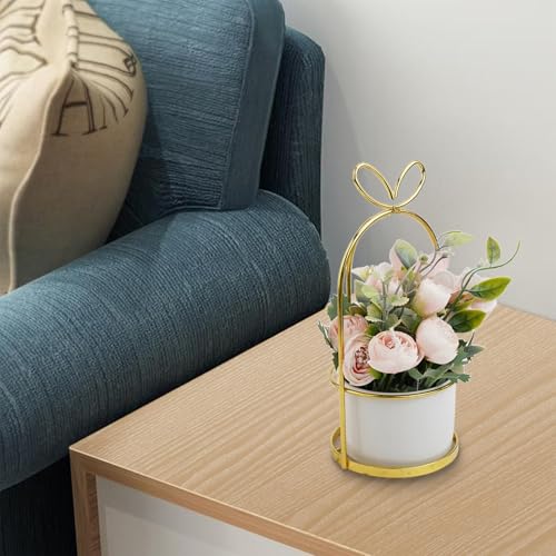 Künstliches Blumenarrangement im Marmortopf für Zuhause und Büro, lebensechte Seidenblumen-Herzstück (weiß)