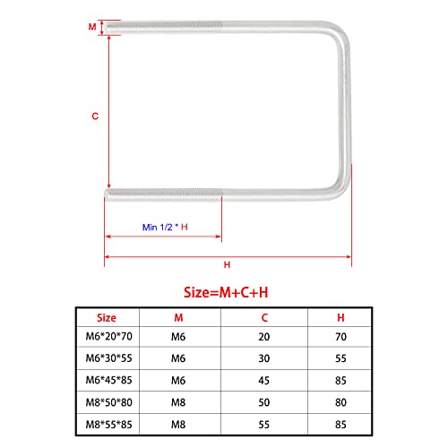 Image of Square U-Bolt 2.36 inch(60mm) Inner Width U Bolts Brackets 304 Stainless Steel M6 with Nut, Plate, Washer for Car /RV /Trailer Bumper,2 Sets