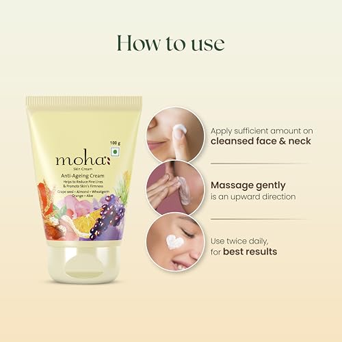 Image of Moha Anti Ageing Cream for Fine Line & Wrinkles | Restores Skin Firmness & Reduces Pigmentation | Enriched with Grapeseed Oil, Aloe Vera & Wheat Germ for Collagen Boost & Radiant Glow | Dermatologically Tested for All Type of Skin - 100g (Pack of 2)