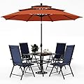 PHI VILLA 5 Pcs Outdoor Dining Set with Umbrella, Patio Dining Set with Metal Outdoor Table and Adjustable Patio Folding Chairs Blue for Yard, Lawn and Garden