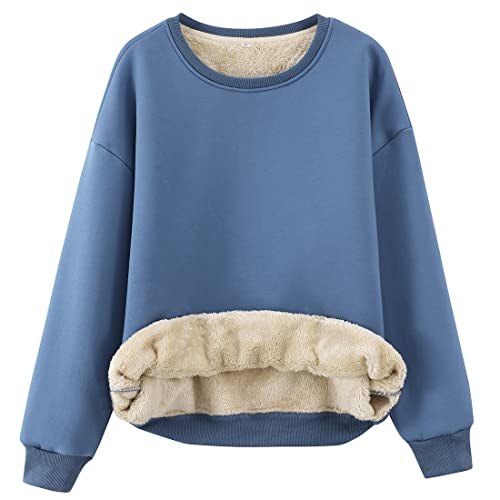Gihuo Pull à col rond doublé en polaire sherpa pour femme, Bleu 02, Medium Cover