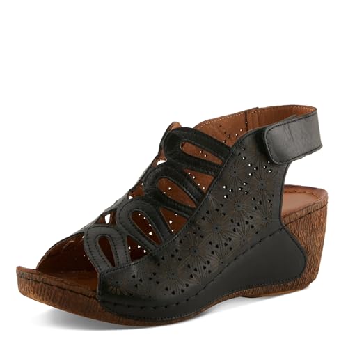 Spring Step Inocencia Women's Leather Wedge Sandals | Low Heel Sandals for Women with Floral Laser Cut Design, Hook and Loop Strap, Mediterranean Style Black EU 40 / US 9 by Spring Step - Used condition - US$113.95