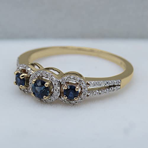 Dazzlingrock Collection Round Blue Sapphire & White Diamond 3 Stone Halo Engagement Ring for Women in Solid Gold3
