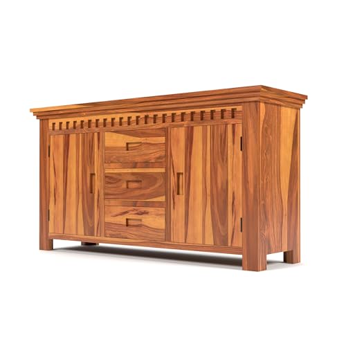 Image of Solid Sheesham Wood Wooden Sideboard Storage Cabinet & Chest of Drawer : Ideal for Living Room and Bedroom with 3 Drawers and 4-Shelf Storage(Carter,Honey Finish)