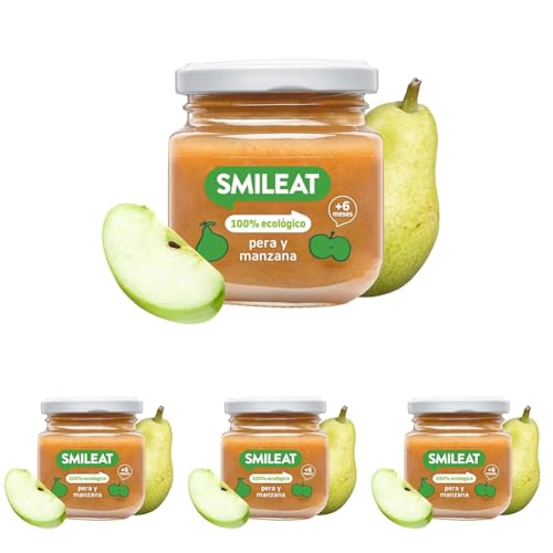 Smileat - Tarrito Ecológico de Frutas, Ingredientes Naturales, para Bebés desde 4 Meses, Sano y Saludable, sin Gluten, Sabor a Pera y Manzana - Tarro de 130 g (Paquete de 4)