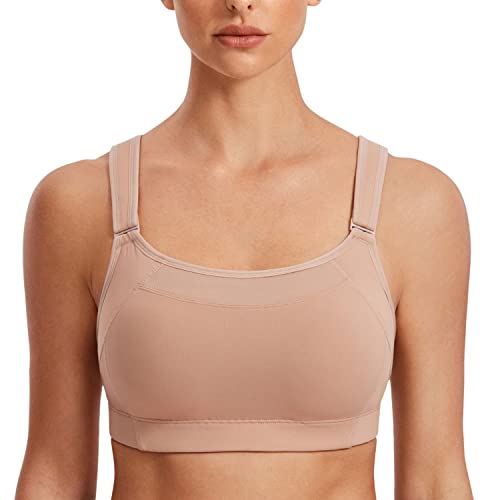 Syrokan Front Adjustable Sports Bras For Women High Impact Wirefree Comfort No Bounce Support Workout Running Bra Dark Beige 36Dd #TOP23
