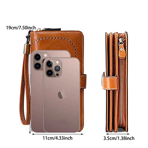 Image of Women Leather Wallet Crossbody Shoulder Bag with Double Zipper and Mobile Phone Purse with Shoulder Strap