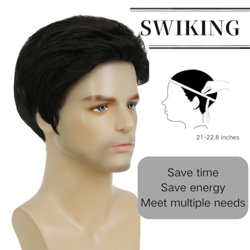 Image of Swiking Black Short Wig for Men Natural Layered Fluffy Soft Hair Wigs for Male Guy Daily