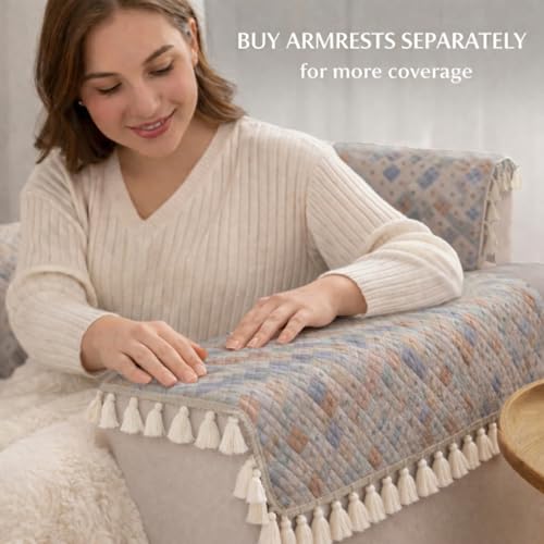 Image of STITCHNEST Quilted Velvet Sofa Cover with Tassels - 48x60 Inch, Multicolor Pastel Geometric Design, Soft & Luxurious, Washable Sofa Protector for 2-Seater