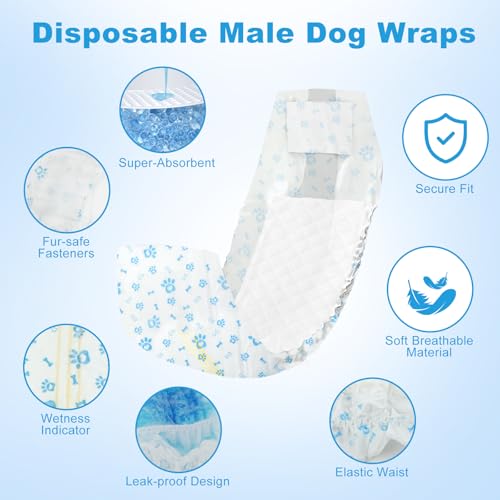 Image of Disposable Dog Diapers Male 96 Count Belly Bands for Bale Dogs (Waist 6-11.8 in XS) Super Absorbent Small Doggie Diapers for Heat Excitable Urination or Incontinence - Blue