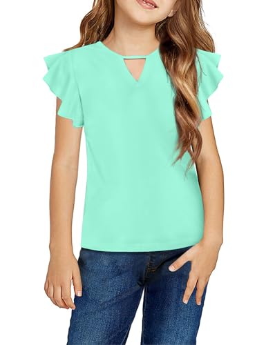 Image of Arshiner Girls Shirts Short Sleeve Tee Ruffle Solid Summer Keyhole Neck Cotton Blouse Tops