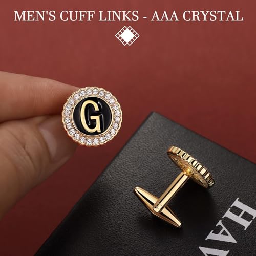 HAWSON 18K Gold Tie Clip and Cufflinks for Men, 2.2in Necktie Bar & Mens Cuff Links with Personalized Engraved A-Z Letter and Clear Crystal3