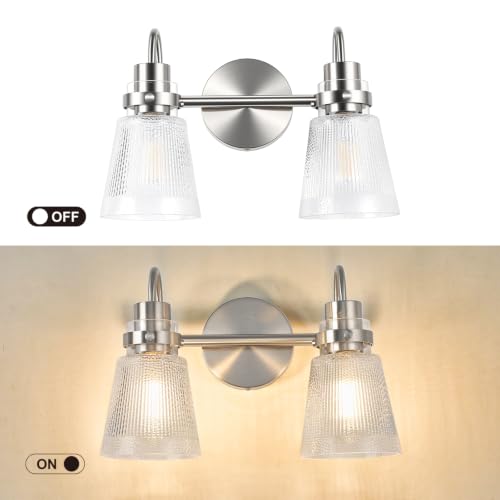 Image of 2-Light Brushed Nickel Bathroom Light Fixtures 13.8 Inch Vanity Lights for Bathroom Lighting Fixtures Over Mirror with Clear Striped Glass Shade for Bedroom Hallway Cabinet Porch