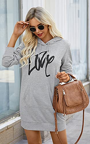 PRETTYGARDEN Womens Hooded Sweatshirt Drawstring Lightweight Long Sleeve Pullover Hoodie Dress with Pockets (Grey, Large)