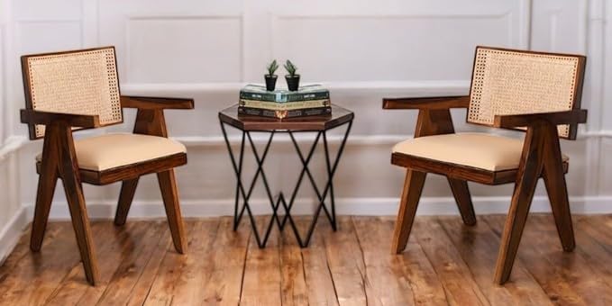 Image of Furniture Solid Sheesham Wooden Arm Chair with Cushion and Cane Back Support Chair Living Room Bedroom Home Wooden Armchair Furniture Garden Balcony Outdoor & Indoor (Honey Finish Set Off 2)