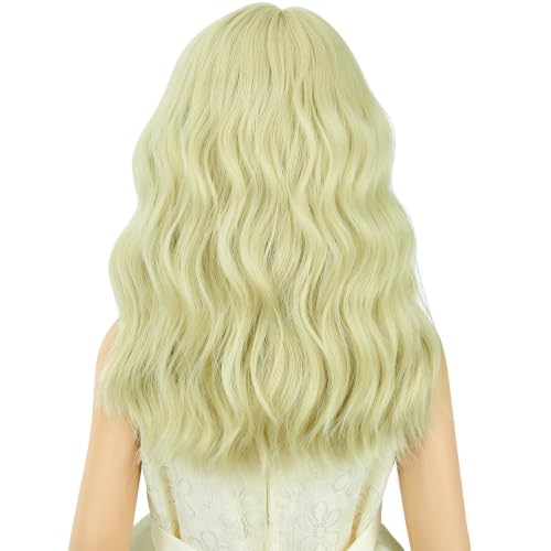 Image of Light Blonde Wig Short Blonde Wavy Curly Wigs Wig with Air Bangs Synthetic Cosplay Hair Wigs
