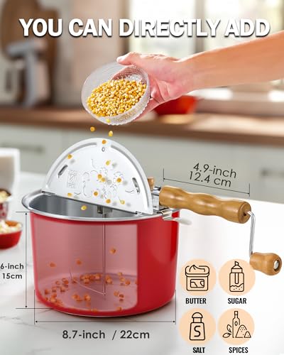 Image of Cook N Home Stovetop Popcorn Popper with Crank, 6-Quart Aluminum Popcorn Pot, Red