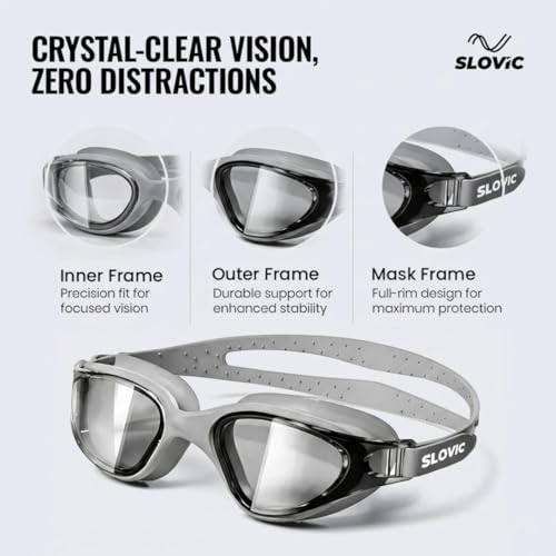 Image of SLOVIC Swimming Goggles for Men [Grey] | Swimming Goggles for Women | Anti-Fog & UV Protected Swimming Glasses for Men & Women | Unisex Swimming Accessories | Leaf-Proof Goggle with Adjustable Straps