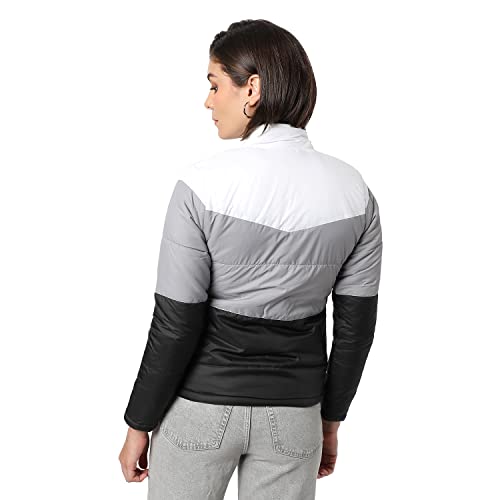 Image of Campus Sutra Women Grey Colour-Blocked Puffer Regular Fit Bomber Jacket For Winter Wear | Standing Collar | Full Sleeve | Zipper | Casual Jacket For Woman & Girl | Western Stylish Jacket For Women