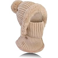 TAGVO Winter Warm Strickmütze Halswärmer-Sets, Damen Wintermütze Flexible Strickmütze mit Haarball, Balaclava Sturmhaube Weiches, Dickes Fleece gefüttert, Verstellbare Gesichtsmaske für Frauen