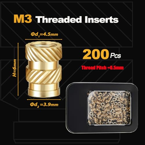 Image of Kadrick 200Pcs M3 Threaded Inserts for 3D Printing Components,M3*H6*D4.5 Metric Brass Knurled Nuts, Insert by Heat into Plastic Parts