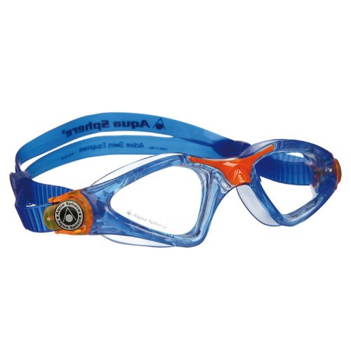 Aqua Sphere Kayenne Junior Swim Goggles with Clear Lens (Blue/Orange). Swimming Goggles for Kids.