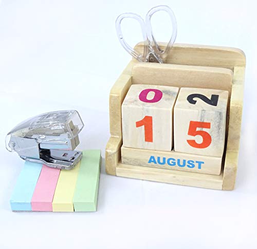 Image of IVEI Wooden Desk Calendar with Pen /Card Holder - Lifetime Calendar - Minimal Desk Calendar & Pen Holder - Mini Desk Organizer Wooden Perpetual Calendar set for Desk Decor, Study Room, Home & Office
