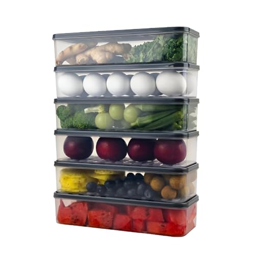 Image of Plastic Fridge Storage Containers Set, 1200ml Stackable Food Storage Boxes with Lid, Pantry & Refrigerator Organizer (Pack of 6, Grey)