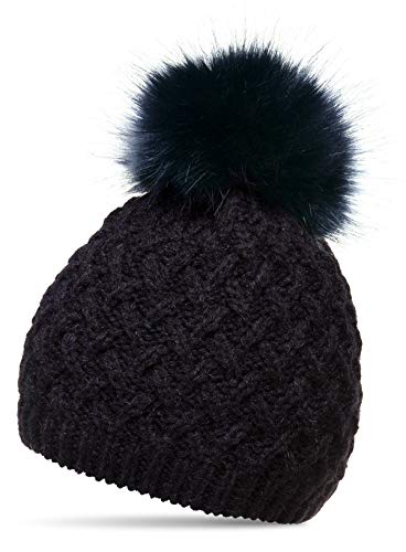 Caspar MU177 Damen Winter Mütze Strickmütze Bommelmütze mit großem Fellbommel, Farbe:dunkelblau, Größe:One Size