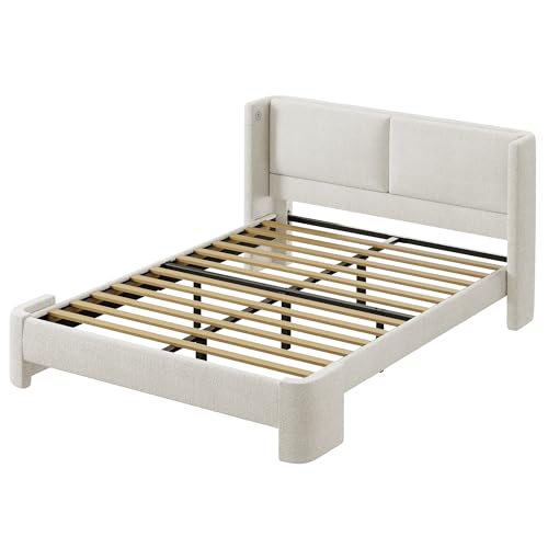 LIKIMIO Queen Bed Frame with Headboard, Upholstered Bed Frames with USB Ports, Base Cama Bed Frame No Box Spring Needed, Cream White
