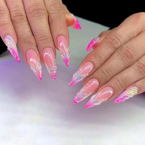 Image of Pink Ombre French Tip Press on Nails Long Stiletto Fake Nails 3D Swirl False Nails with Design Glossy Glue on Nails Artificial Acrylic Full Cover Nude Stick on Nails for Women Summer Manicure 24Pcs