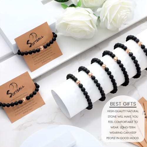 Ecation 12 Sets Sport Bracelets Team Gift Lave Stone Black White Beaded Bracelet with Inspirational Card for Football Volleyball Golf Baseball Basketball Soccer Softball Party Favor(Black,Softball)