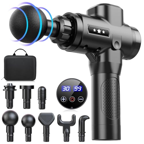 Pistolet de Massage Musculaire, 4800RPM, 30 Vitesses, 8 Têtes, Écran LCD, Soulage Douleurs et...