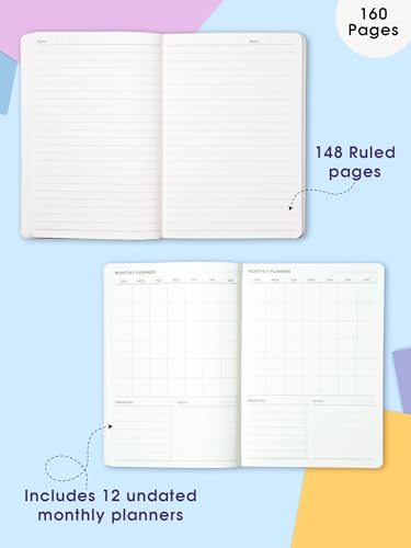 Image of DOODLE A5 Undated Planner Notebook - 160 Pages (12-Month Planner + Notes), Soft Cover Journal with 80 GSM Paper - Motivational Quote Design, Compact Diary for Work, Study, Travel & Gifting