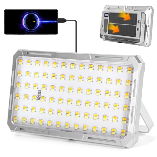 Solar Rechargeable Work Light with Power Bank & Battery Indicator, 178 LED Portable Flood Light with Magnetic Base, 4 Modes IP44 Waterproof Job Site Lamp for Camping, Fishing, Car Repair (Silver Body)