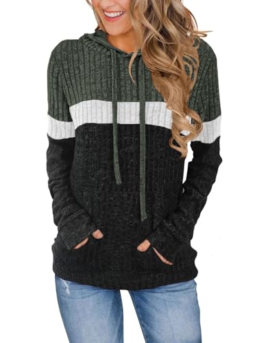MixShe Women’s Color Block Knit Hoodie – Casual Long Sleeve Pullover Sweater Tops with Pocket
