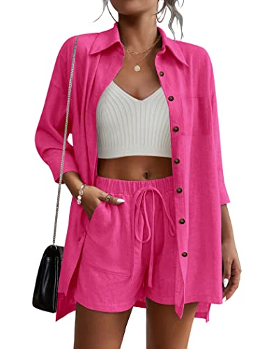 Beyove Women's Cotton Linen Set Casual Tracksuit Button Down 3/4 Sleeve Shirt Drawstring Shorts Pockets 2 Piece Lounge Set
