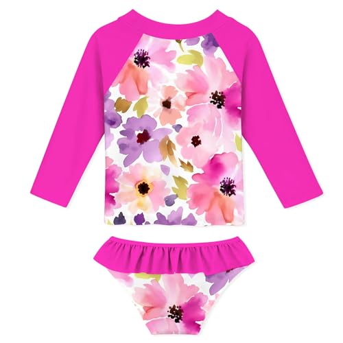 Funnycokid Girls Swimsuit Bathing Suit Swim Long Sleeve 2 Piece Size 6 7 Rash Guard Set for Kids Hot Pink Floral — view 3