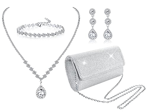Subiceto 4Pcs Sliver Clutch Purse Jewelry Set For Women Evening Rhinestone Purse Crystal Necklace Earrings Bracelets Set Silver Accessories For Women Bride Wedding Jewelry Elegant #TOP26