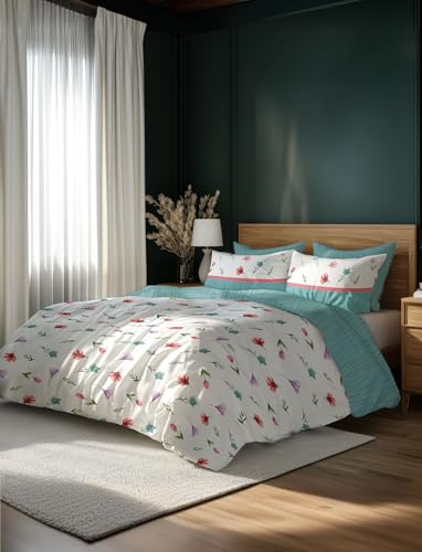 Image of LANE LINEN 400TC Morrison Bloom Super King Size Bedsheet with 4 Pillow Cases | 100% Cotton Digital Print Bedding Set (2.74 M x 2.74 M) | Modern Floral Pattern for Luxurious Comfort (White Floral)