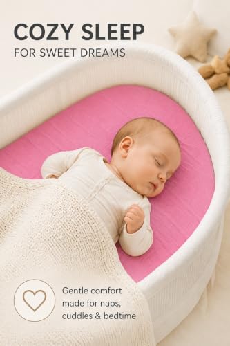 Image of 3-Pack Organic Muslin Bassinet Fitted Sheets, Compatible with Halo, Snoo, Graco, Dream On Me, Delta, and Other Standard Size Bassinets - Fits Oval, Hourglass, & Rectangle Shapes (32 x 16 x 4 Inches)