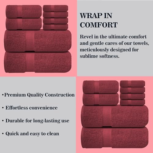 Image of Sulfar 100% Combed Cotton, 8 Pcs Towel Set - 2 Bath Towels (70 x 140 cm), 2 Hand Towels (40 x 70 cm) and 4 Face Towel (30 x 30 cm) (600 GSM, Pack of 8) Red Wine