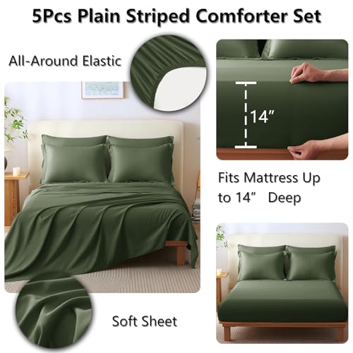 Image of CozyLux Twin XL Comforter Set Olive Green - 5 Pieces Bed in a Bag, Modern Vertical Quilted Room Decor, Soft All-Season Bedding Gift with Comforter, Sheets, Pillowcase & Sham