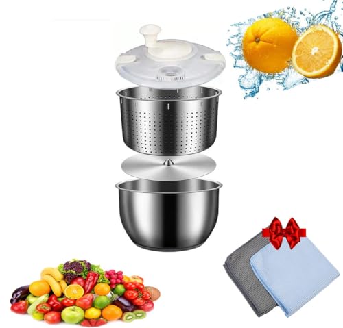 YUEMOL Centrifugador de ensalada de acero inoxidable de 6 L, arandela grande de verduras de acero inoxidable, lavadora de frutas con tapa de polipropileno para lavadora de frutas, pasta y papas fritas