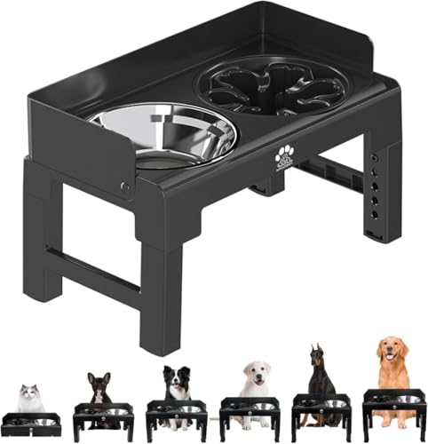 YAKINO 6段階の高さ調節が可能なステンレススチール製の滑り止め犬用ボウルスタンドセット。ゆっくり食べられる仕切り付き。大型犬、中型犬、小型犬、猫用。 (ブラック)