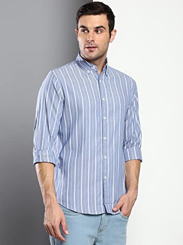 Image of Dennis Lingo Men's Striped Slim Fit Oxford Cotton Casual Shirt with Button Down Collar & Full Sleeves